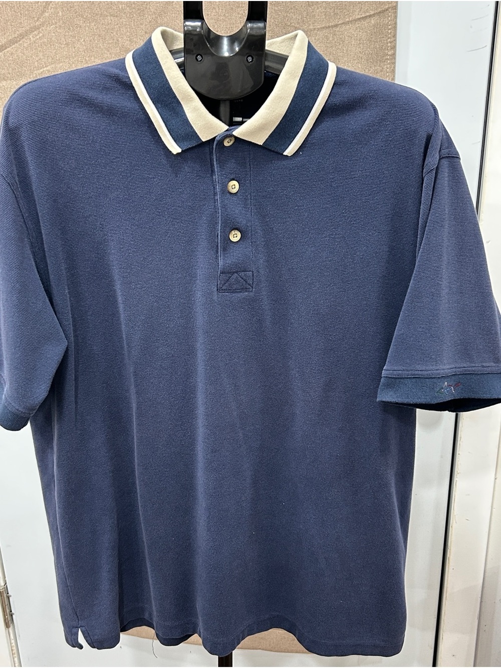 Greg Norman Collection Navy Polo with Cream Trim Collar Vintage
